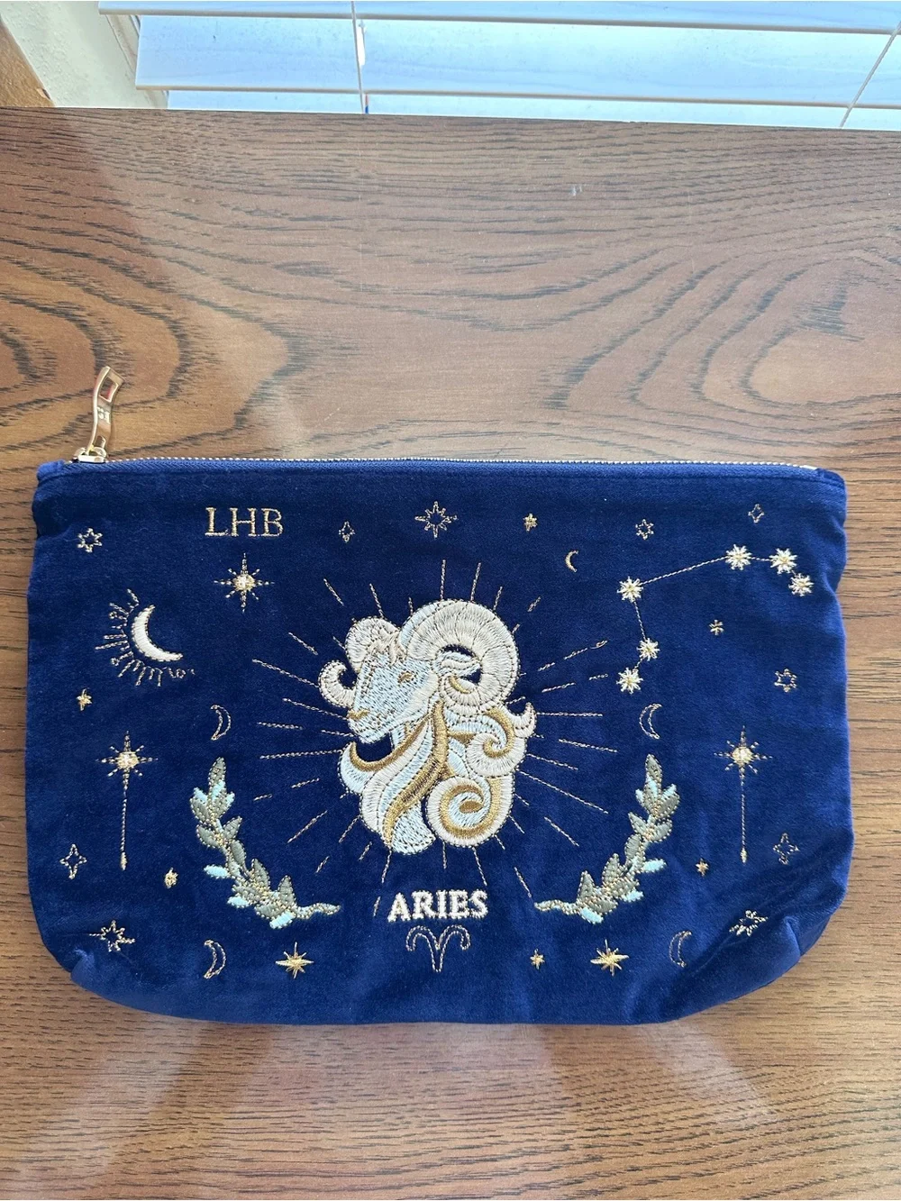 Aries Embroidered Velvet Cosmetic Pouch - Navy and Gold NWOT